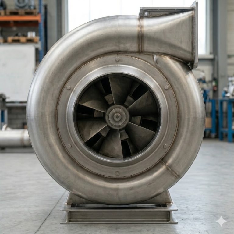 Titanium blower close-up showing motor coupling, shaft and double-layer base design for chemical industry use