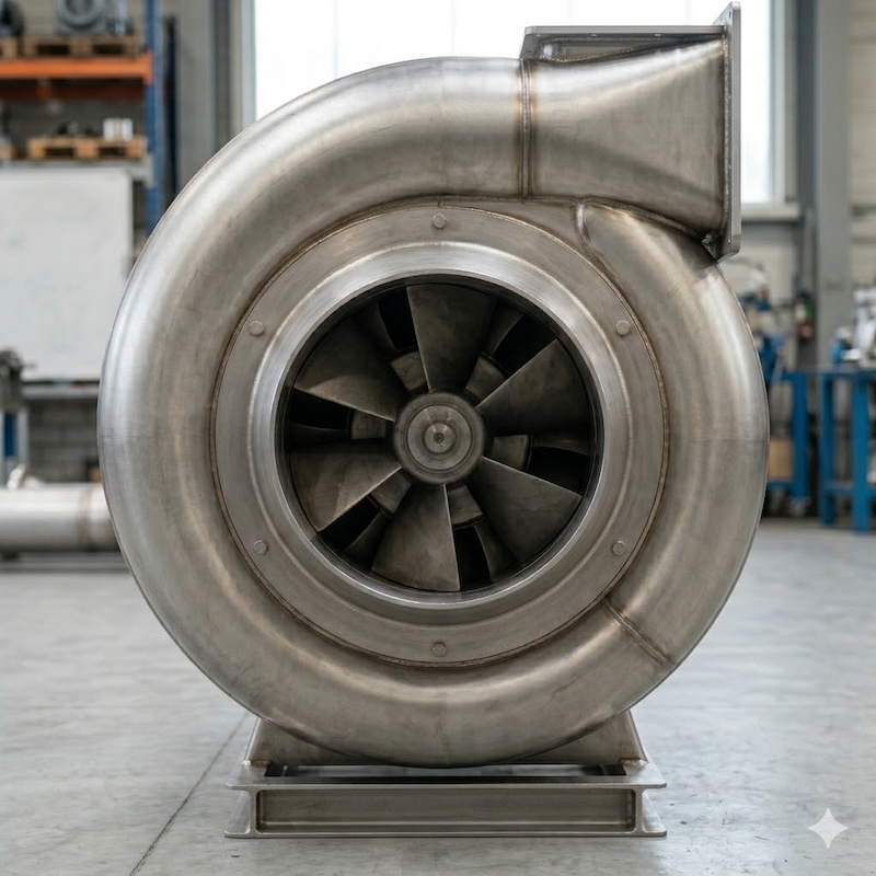 Titanium blower close-up showing motor coupling, shaft and double-layer base design for chemical industry use
