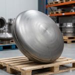 Titanium elliptical pressure vessel head tilted on wooden pallet, showing curved profile and smooth surface