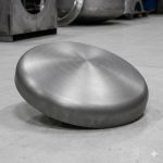Polished titanium elliptical head in industrial workshop setting, professional product photography