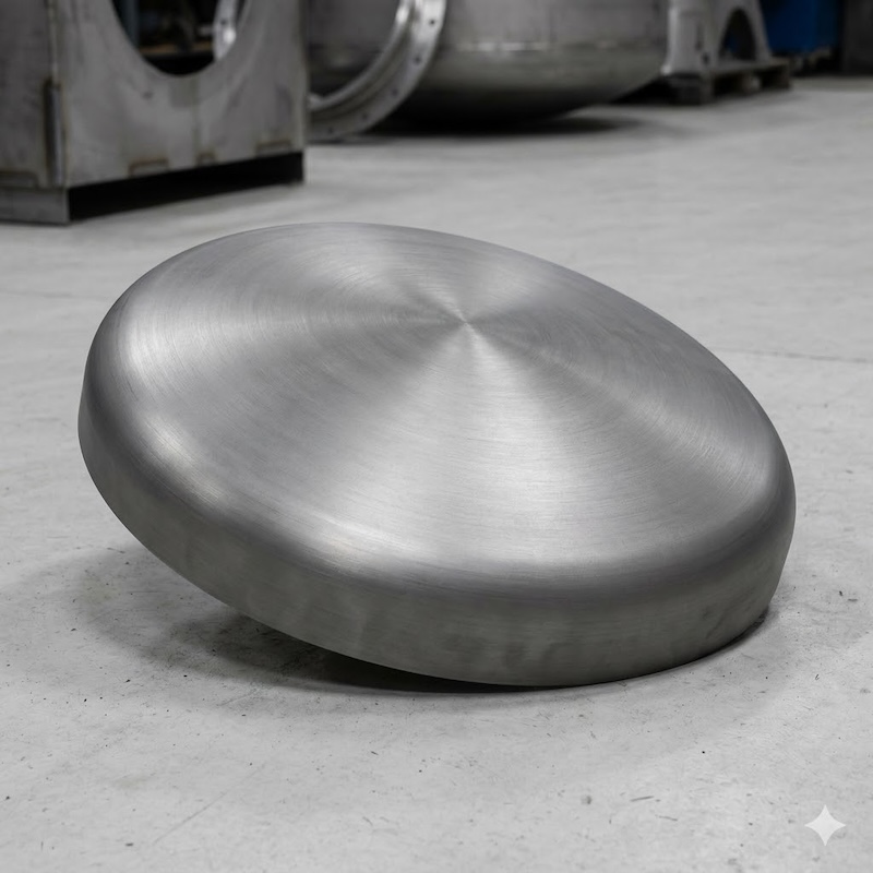 Polished titanium elliptical head in industrial workshop setting, professional product photography