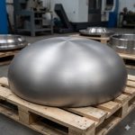 Large diameter titanium spherical head on wooden pallet in manufacturing facility