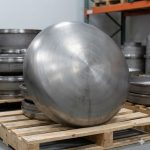 Oval titanium elliptical head positioned on wooden pallet inside production workshop