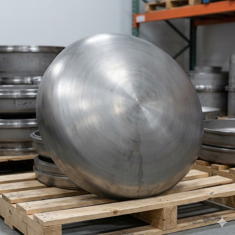 Oval titanium elliptical head positioned on wooden pallet inside production workshop