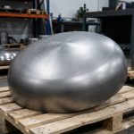 Large titanium elliptical head on wooden pallet with industrial machinery in background