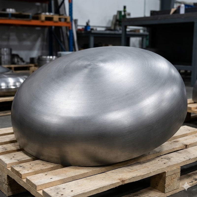 Large titanium elliptical head on wooden pallet with industrial machinery in background