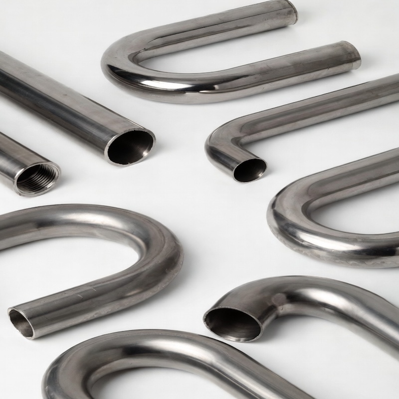 Multiple U-shaped and straight titanium heat exchanger coil sections displayed, custom fabricated titanium tubing