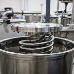 Titanium heat exchanger coil installed and submerged in stainless steel chemical processing tank with liquid
