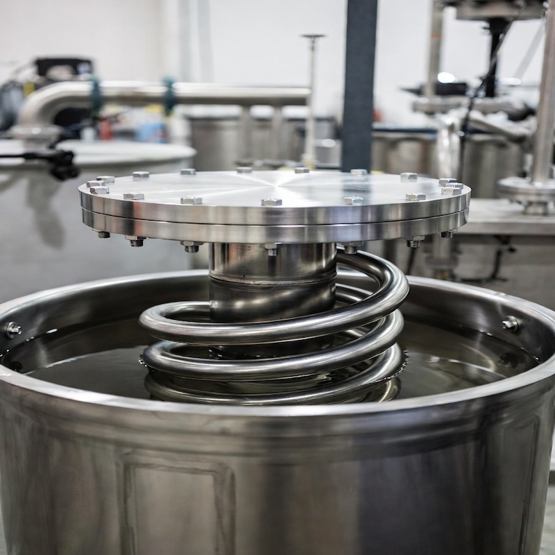 Titanium heat exchanger coil installed and submerged in stainless steel chemical processing tank with liquid