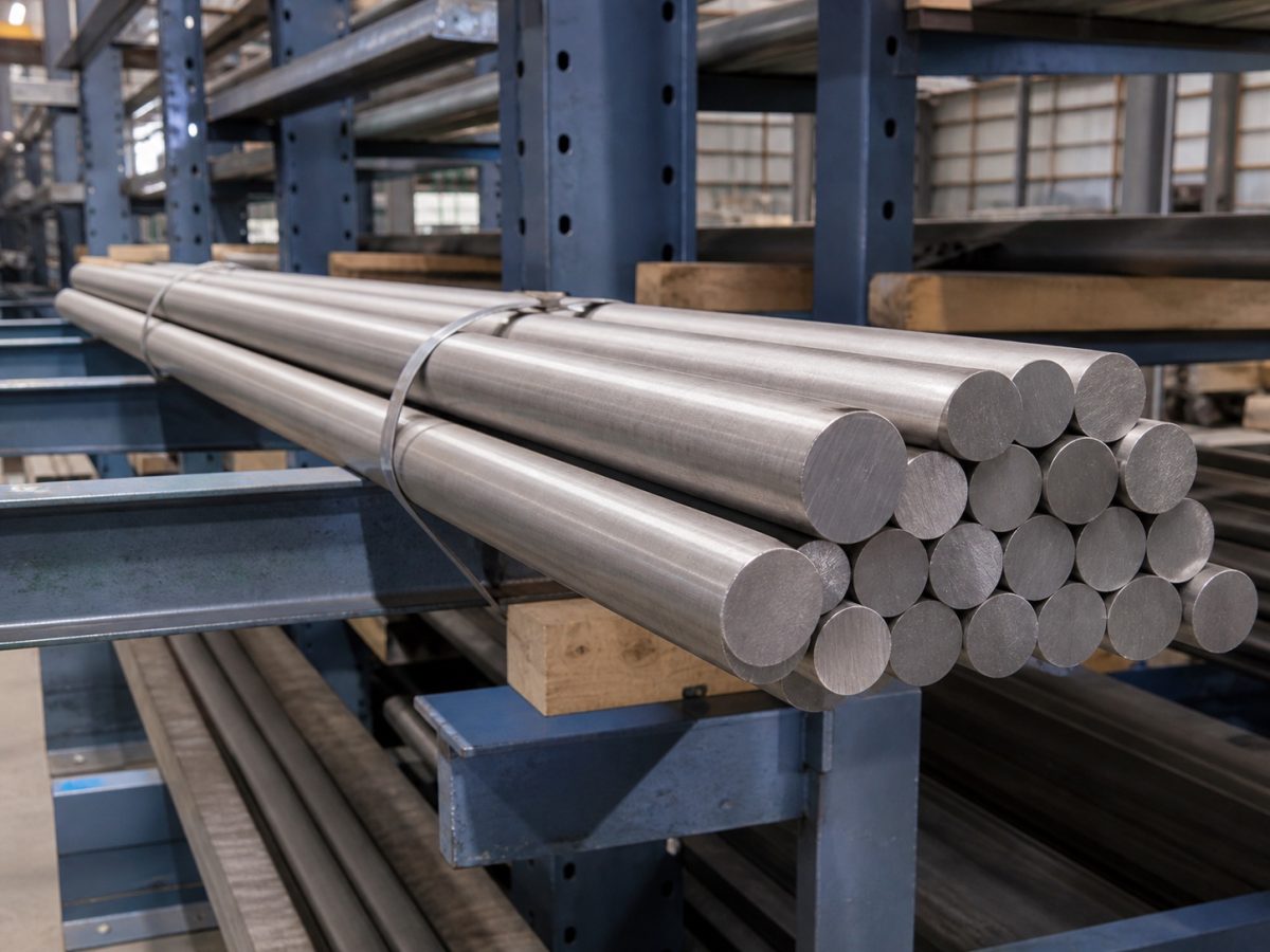 Grade 2 titanium round bars stored on rack supports for ASTM B348 RFQs