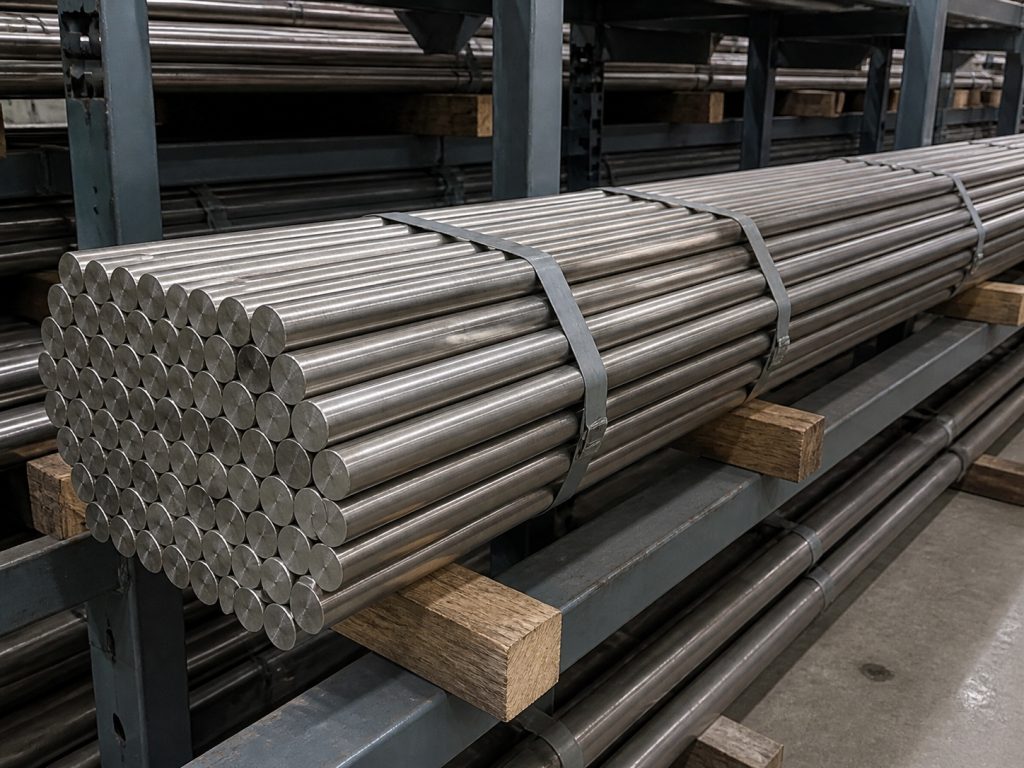 Grade 2 titanium round bars stored on rack supports for ASTM B348 RFQs