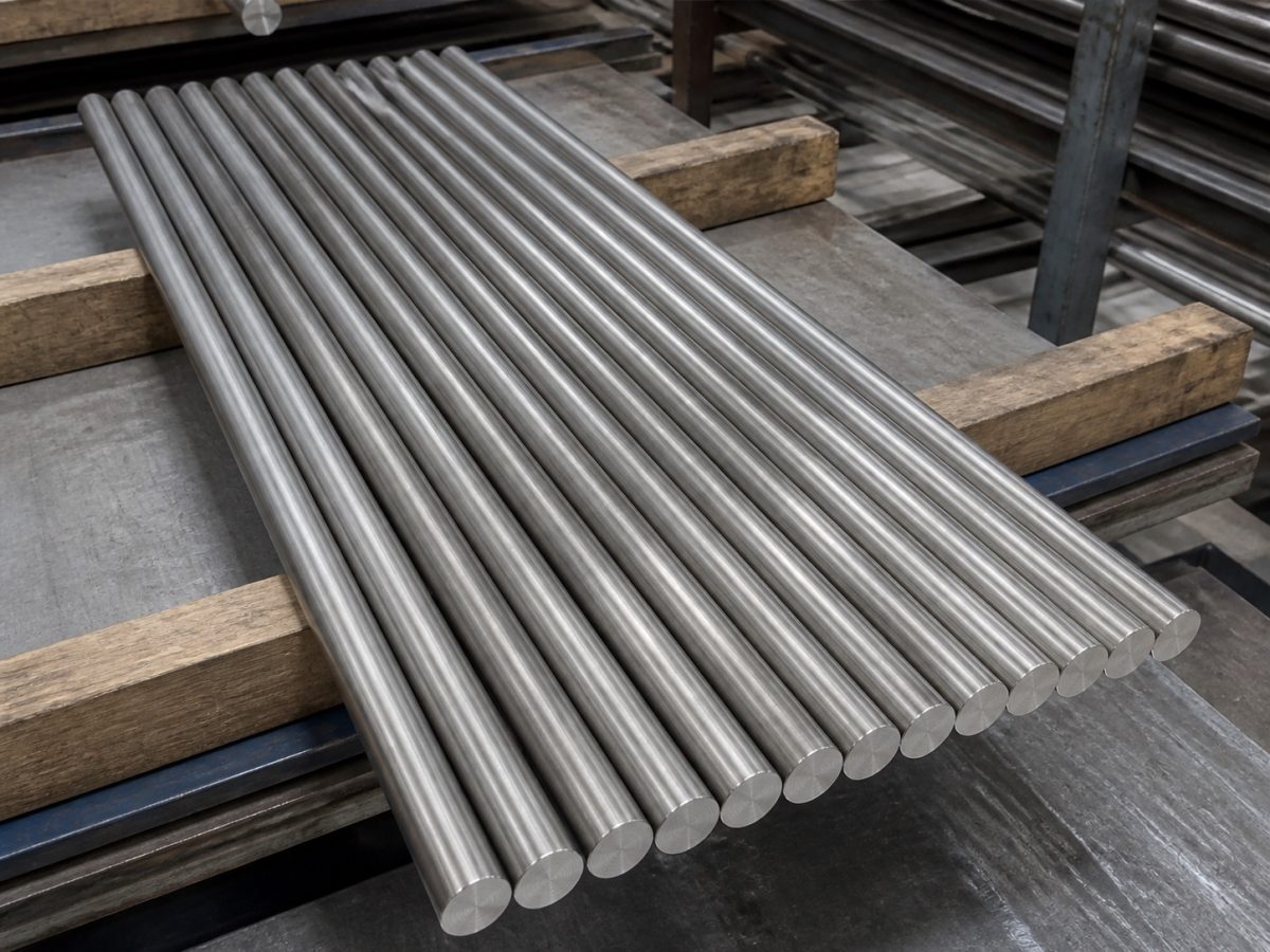 Grade 2 titanium round bars stored on rack supports for ASTM B348 RFQs