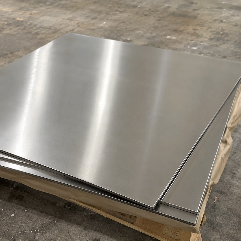 Alloy 625 nickel plate sheets stacked on pallet showing smooth surface finish – UNS N06625 corrosion resistant material