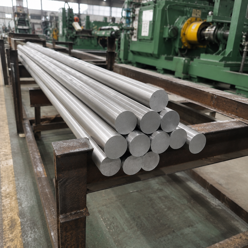 Inconel 718 round bar on racks, illustrative image of the product form