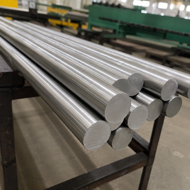 Close-up of Inconel 718 round bars in production workshop, showcasing straightness, surface quality and professional bundling for industrial clients