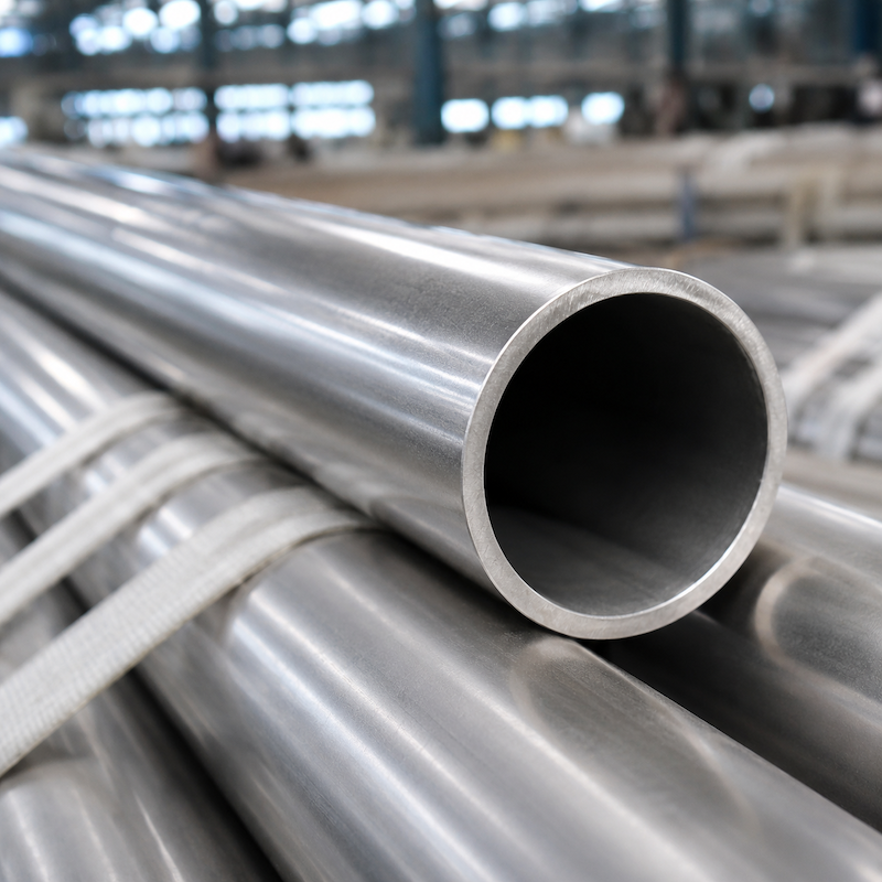 Close-up of a nickel tube end showing the bore and the wall thickness, with further tubes behind