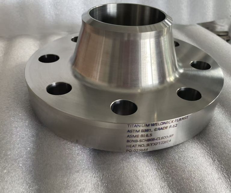Grade 12 titanium weld neck flange marked ASTM B381, ASME B16.5, heat number RYXF122614