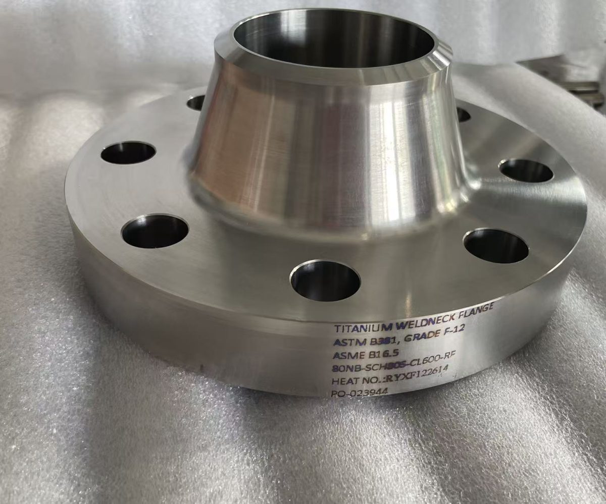 Grade 12 titanium weld neck flange marked ASTM B381, ASME B16.5, heat number RYXF122614