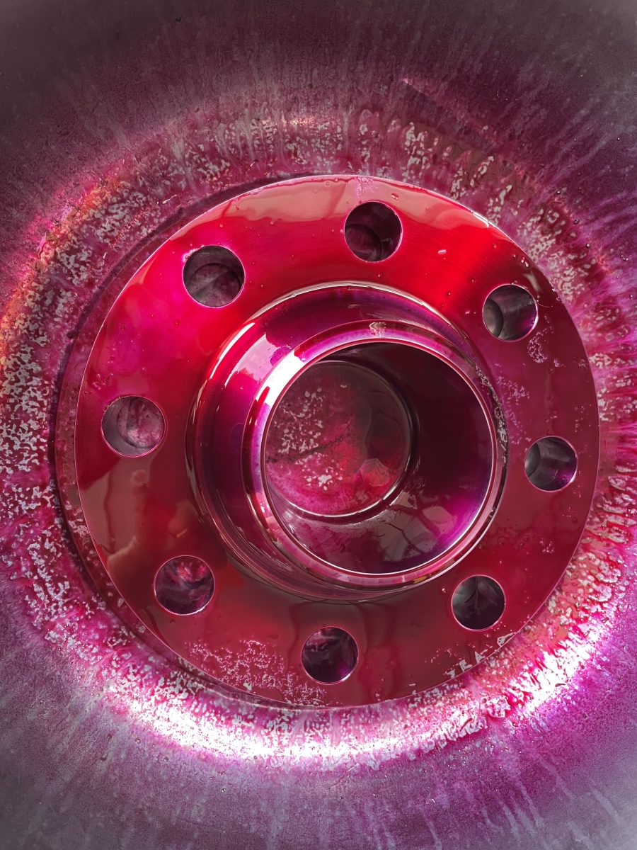 Grade 12 titanium weld neck flange during liquid penetrant testing