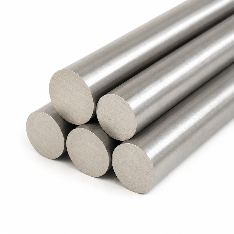 Close view of Nickel 200 round bar ends for diameter and surface review