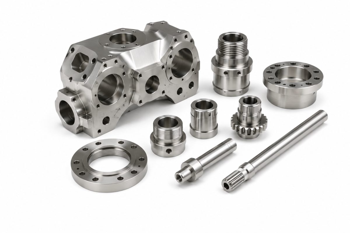 Precision machined titanium components with milled, drilled and threaded features