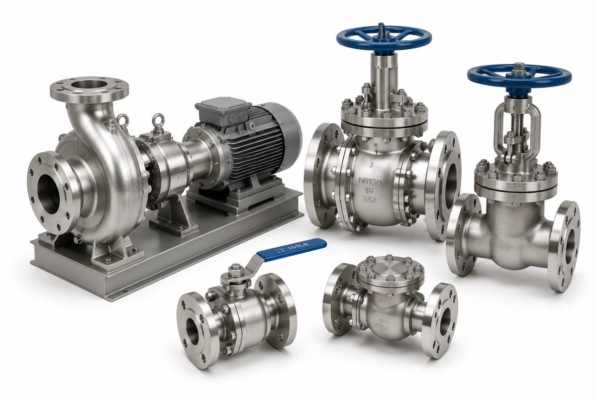 Titanium centrifugal pump and industrial valve assemblies for corrosive service