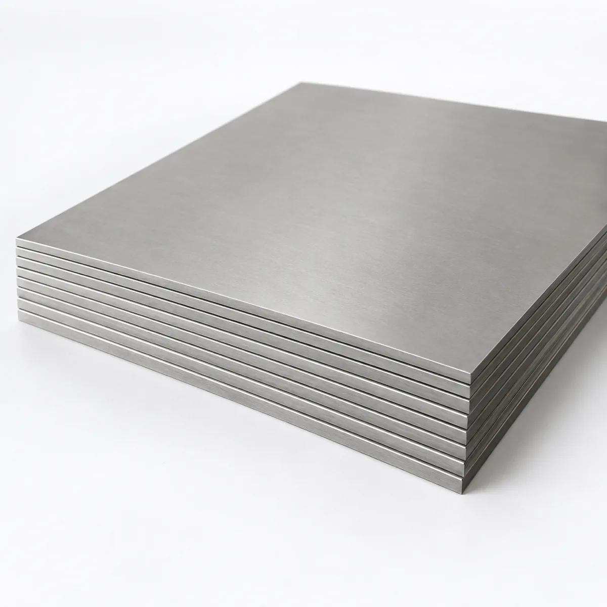 Stack of titanium sheet showing the cut edges, illustrative studio image of the product form