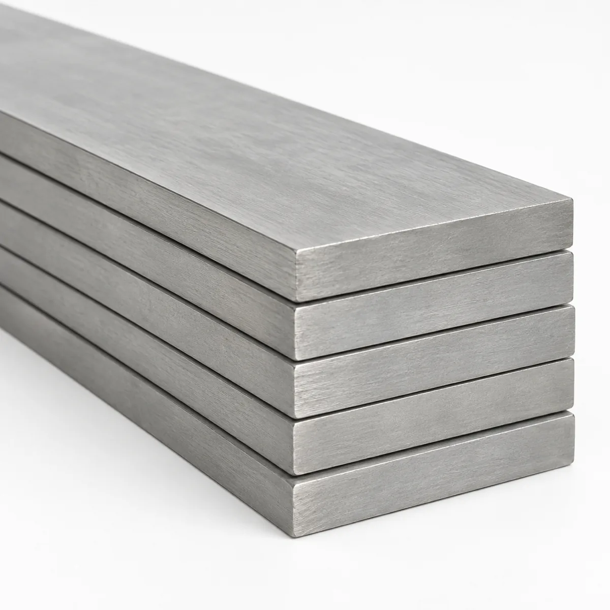 Titanium flat bar stacked to show the rectangular solid cross section, illustrative studio image of the product form