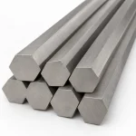 Titanium hexagon bar in a bundle with the six-sided solid cross sections facing the camera, illustrative studio image of the product form