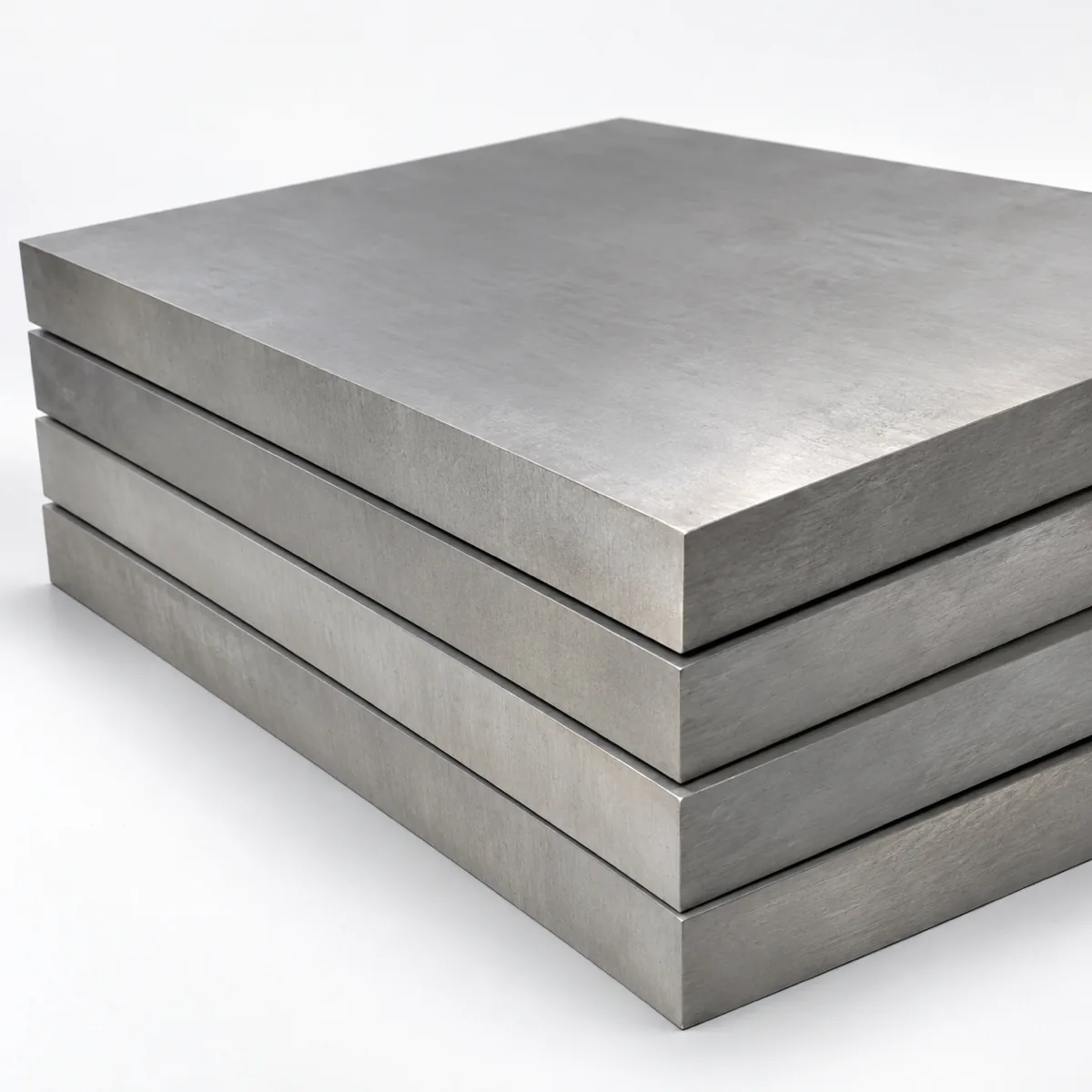 Stack of heavy titanium plate showing the thick cut edges, illustrative studio image of the product form