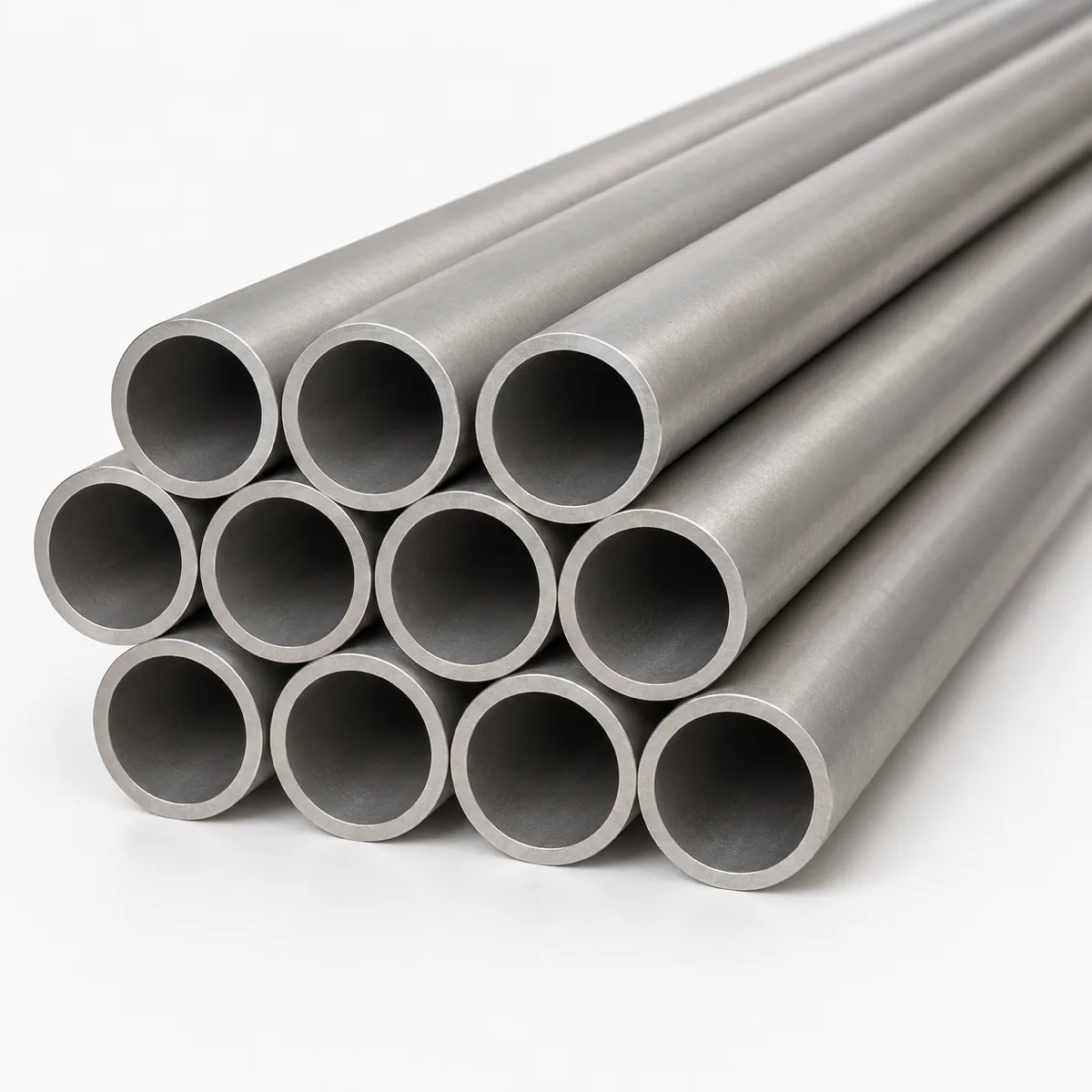 Bundle of seamless titanium tube with the bores visible, illustrative studio image of the product form